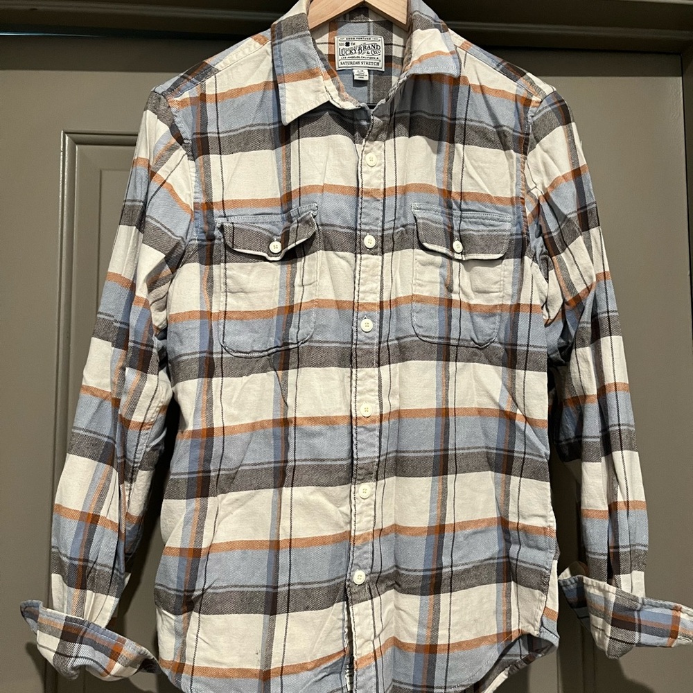 Lucky Brand Men's Casual Plaid Shirt - Blue, Gray, White, and Orange